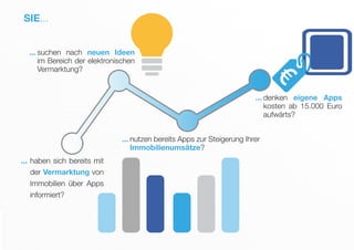 SIE...
haben sich bereits mit
der Vermarktung von
Immobilien über Apps
informiert?
...
suchen nach neuen Ideen
im Bereich der elektronischen
Vermarktung?
...
nutzen bereits Apps zur Steigerung Ihrer
Immobilienumsätze?
...
denken eigene Apps
kosten ab 15.000 Euro
aufwärts?
...
 