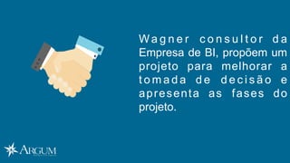 W a g n e r c o n s u l t o r d a
Empresa de BI, propõem um
projeto para melhorar a
t o m a d a d e d e c i s ã o e
apresenta as fases do
projeto.
 
