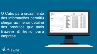 O Cubo para cruzamento
das informações permitiu
chegar ao menor detalhe
dos produtos que mais
trazem dinheiro para
empresa.
 