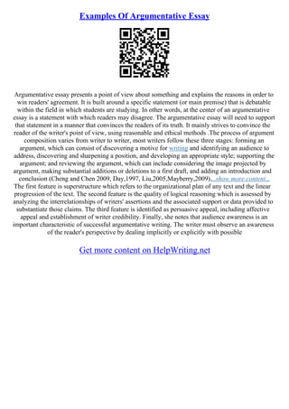 Examples Of Argumentative Essay
Argumentative essay presents a point of view about something and explains the reasons in order to
win readers' agreement. It is built around a specific statement (or main premise) that is debatable
within the field in which students are studying. In other words, at the center of an argumentative
essay is a statement with which readers may disagree. The argumentative essay will need to support
that statement in a manner that convinces the readers of its truth. It mainly strives to convince the
reader of the writer's point of view, using reasonable and ethical methods .The process of argument
composition varies from writer to writer, most writers follow these three stages: forming an
argument, which can consist of discovering a motive for writing and identifying an audience to
address, discovering and sharpening a position, and developing an appropriate style; supporting the
argument; and reviewing the argument, which can include considering the image projected by
argument, making substantial additions or deletions to a first draft, and adding an introduction and
conclusion (Cheng and Chen 2009, Day,1997, Liu,2005,Mayberry,2009)....show more content...
The first feature is superstructure which refers to the organizational plan of any text and the linear
progression of the text. The second feature is the quality of logical reasoning which is assessed by
analyzing the interrelationships of writers' assertions and the associated support or data provided to
substantiate those claims. The third feature is identified as persuasive appeal, including affective
appeal and establishment of writer credibility. Finally, she notes that audience awareness is an
important characteristic of successful argumentative writing. The writer must observe an awareness
of the reader's perspective by dealing implicitly or explicitly with possible
Get more content on HelpWriting.net
 