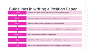 Guidelines in writing a Position Paper
View View the issue in a different perspective so you can present a unique approach.
Cite Cite valid and reliable sources to establish the credibility of your arguments.
Reflect on Reflect on your position and identify its weaknesses.
Be Be aware of the various positions about the issue and explain and analyze them objectively.
Make Make sure to define unfamiliar terms when you first mention them.
Begin Begin the writing process by conducting an in-depth research on the issue.
Choose Choose an issue. When choosing one, keep the following guidelines in mind.
 