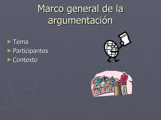 Marco general de la argumentación Tema Participantes Contexto 
