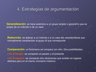 4. Estrategias de argumentación


Generalización: se hace extensivo a un grupo amplio o general lo que es
propio de un individio o de un caso



Reducción: se aplican a un individo o a un caso las características que
normalmente caracterizan al grupo al que corresponde


Comparación: un fenómeno se compara con otro. Dos posibilidades:
- En el tiempo: se comparan el pasado y el presente
- En el espacio: se comparan dos situaciones que existen en lugares
distintos pero en el mismo momento histórico
 