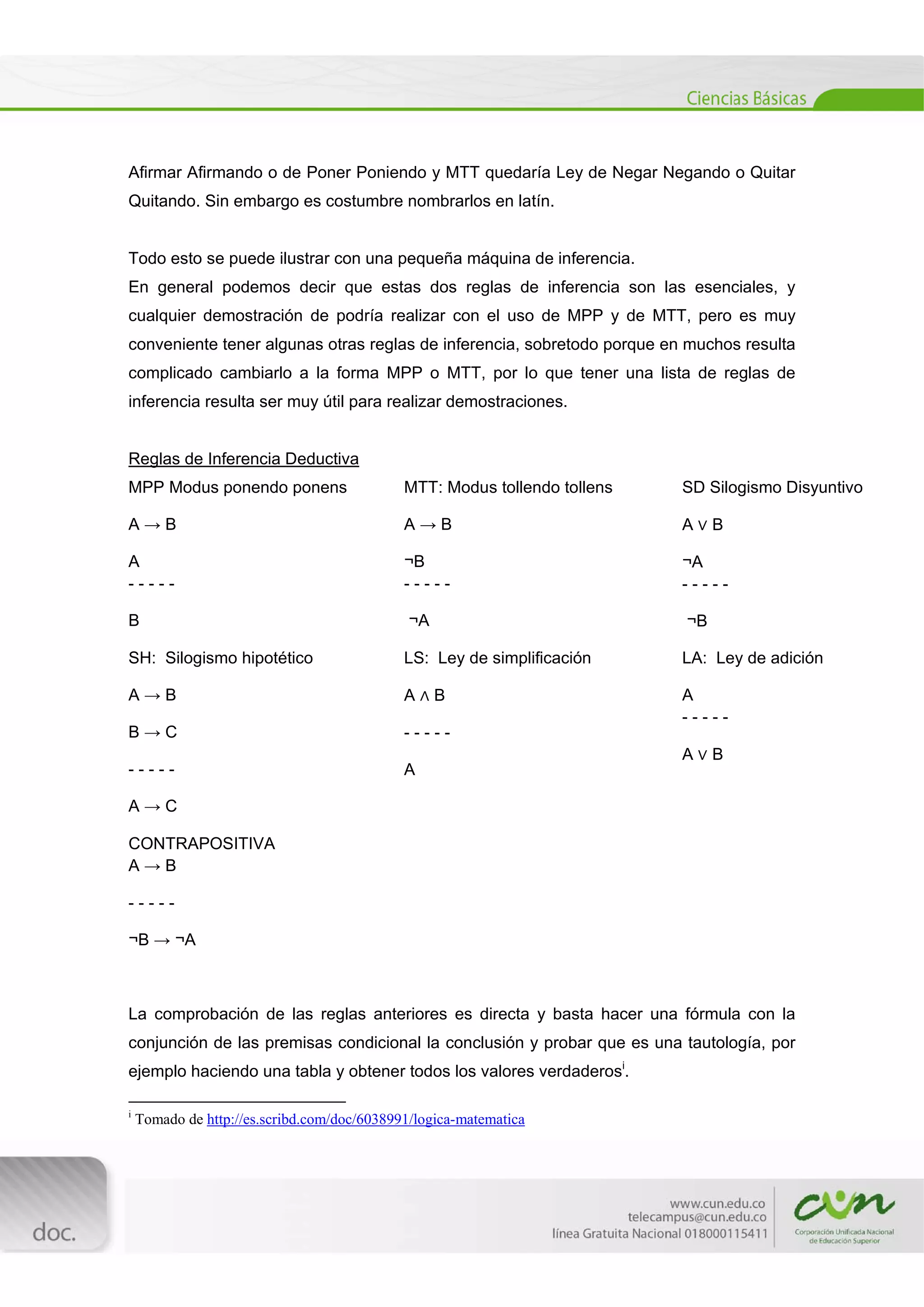  
[Escribir texto] 
 
Afirmar Afirmando o de Poner Poniendo y MTT quedaría Ley de Negar Negando o Quitar
Quitando. Sin embargo es costumbre nombrarlos en latín.
Todo esto se puede ilustrar con una pequeña máquina de inferencia.
En general podemos decir que estas dos reglas de inferencia son las esenciales, y
cualquier demostración de podría realizar con el uso de MPP y de MTT, pero es muy
conveniente tener algunas otras reglas de inferencia, sobretodo porque en muchos resulta
complicado cambiarlo a la forma MPP o MTT, por lo que tener una lista de reglas de
inferencia resulta ser muy útil para realizar demostraciones.
Reglas de Inferencia Deductiva
MPP Modus ponendo ponens
A → B
A
- - - - -
B
MTT: Modus tollendo tollens
A → B
¬B
- - - - -
¬A
SD Silogismo Disyuntivo
A B
¬A
- - - - -
¬B
SH: Silogismo hipotético
A → B
B → C
- - - - -
A → C
LS: Ley de simplificación
A B
- - - - -
A
LA: Ley de adición
A
- - - - -
A B
CONTRAPOSITIVA
A → B
- - - - -
¬B → ¬A
La comprobación de las reglas anteriores es directa y basta hacer una fórmula con la
conjunción de las premisas condicional la conclusión y probar que es una tautología, por
ejemplo haciendo una tabla y obtener todos los valores verdaderosi
.
                                                            
i
Tomado de http://es.scribd.com/doc/6038991/logica-matematica
 