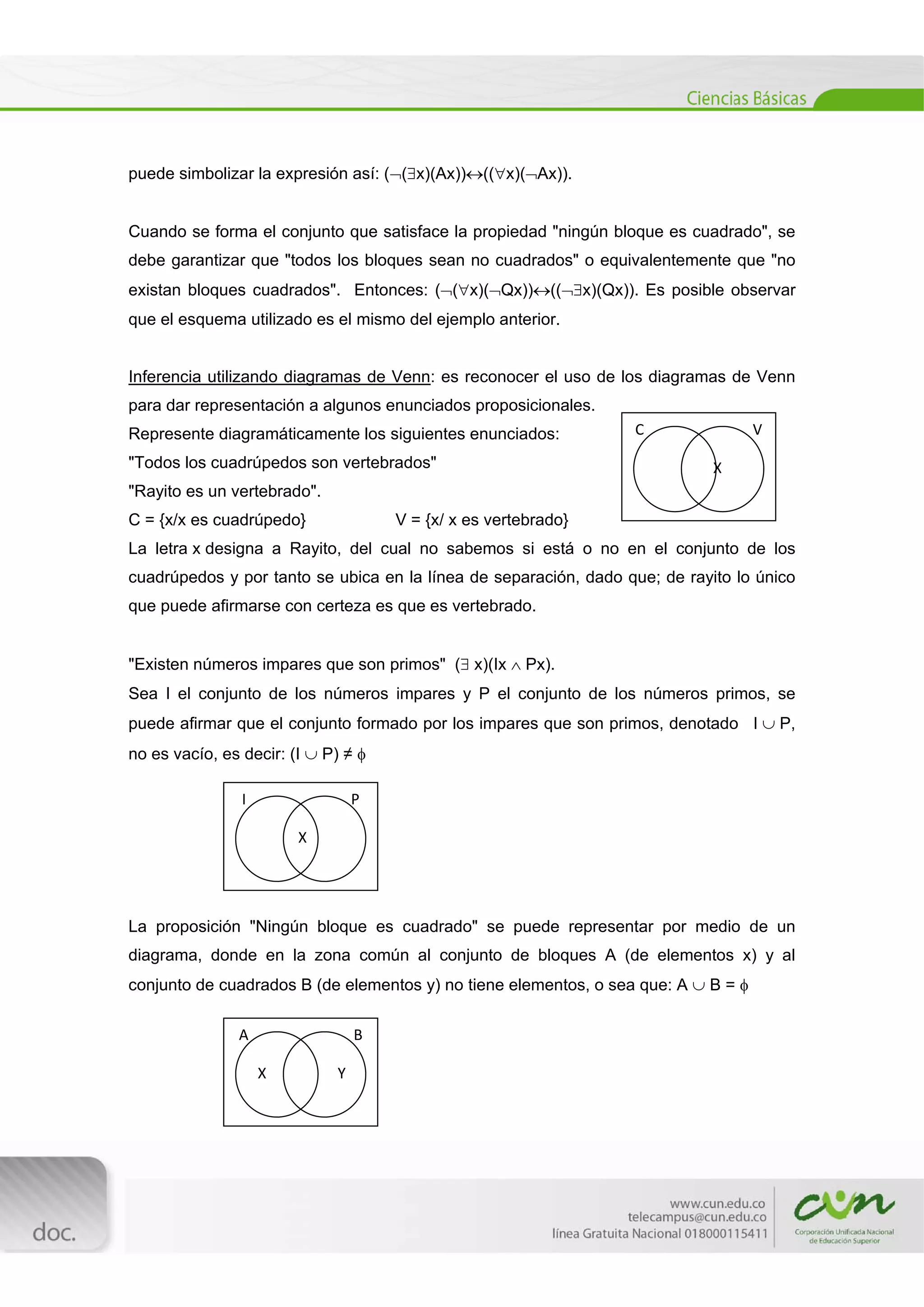  
[Escribir texto] 
 
puede simbolizar la expresión así: ((x)(Ax))((x)(Ax)).
Cuando se forma el conjunto que satisface la propiedad "ningún bloque es cuadrado", se
debe garantizar que "todos los bloques sean no cuadrados" o equivalentemente que "no
existan bloques cuadrados". Entonces: ((x)(Qx))((x)(Qx)). Es posible observar
que el esquema utilizado es el mismo del ejemplo anterior.
Inferencia utilizando diagramas de Venn: es reconocer el uso de los diagramas de Venn
para dar representación a algunos enunciados proposicionales.
Represente diagramáticamente los siguientes enunciados:
"Todos los cuadrúpedos son vertebrados"
"Rayito es un vertebrado".
C = {x/x es cuadrúpedo} V = {x/ x es vertebrado}
La letra x designa a Rayito, del cual no sabemos si está o no en el conjunto de los
cuadrúpedos y por tanto se ubica en la línea de separación, dado que; de rayito lo único
que puede afirmarse con certeza es que es vertebrado.
"Existen números impares que son primos" ( x)(Ix  Px).
Sea I el conjunto de los números impares y P el conjunto de los números primos, se
puede afirmar que el conjunto formado por los impares que son primos, denotado I  P,
no es vacío, es decir: (I  P) ≠ 
La proposición "Ningún bloque es cuadrado" se puede representar por medio de un
diagrama, donde en la zona común al conjunto de bloques A (de elementos x) y al
conjunto de cuadrados B (de elementos y) no tiene elementos, o sea que: A  B = 
C                             V 
          X 
I                            P 
 X 
A                            B 
      X                   Y 
 
 