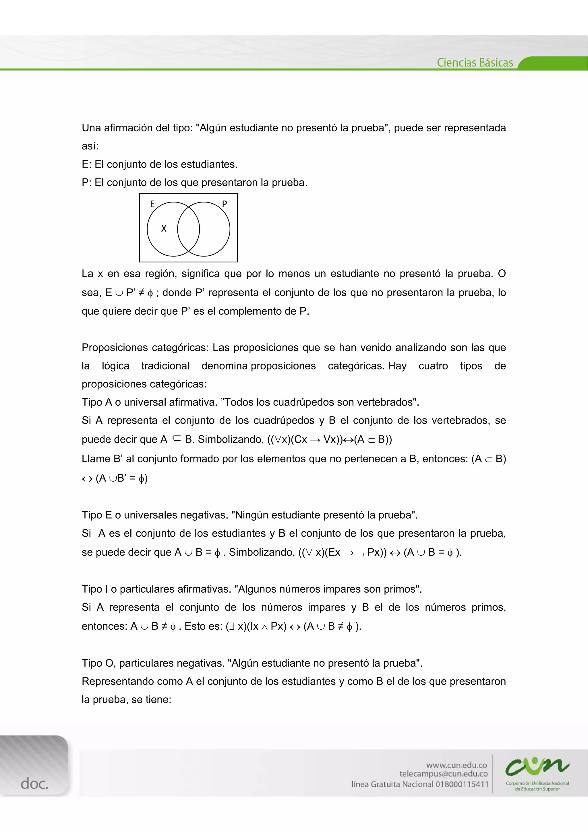  
[Escribir texto] 
 
Una afirmación del tipo: "Algún estudiante no presentó la prueba", puede ser representada
así:
E: El conjunto de los estudiantes.
P: El conjunto de los que presentaron la prueba.
La x en esa región, significa que por lo menos un estudiante no presentó la prueba. O
sea, E  P’ ≠  ; donde P’ representa el conjunto de los que no presentaron la prueba, lo
que quiere decir que P’ es el complemento de P.
Proposiciones categóricas: Las proposiciones que se han venido analizando son las que
la lógica tradicional denomina proposiciones categóricas. Hay cuatro tipos de
proposiciones categóricas:
Tipo A o universal afirmativa. ”Todos los cuadrúpedos son vertebrados".
Si A representa el conjunto de los cuadrúpedos y B el conjunto de los vertebrados, se
puede decir que A B. Simbolizando, ((x)(Cx → Vx))(A  B))
Llame B’ al conjunto formado por los elementos que no pertenecen a B, entonces: (A  B)
 (A B’ = )
Tipo E o universales negativas. "Ningún estudiante presentó la prueba".
Si A es el conjunto de los estudiantes y B el conjunto de los que presentaron la prueba,
se puede decir que A  B =  . Simbolizando, (( x)(Ex →  Px))  (A  B =  ).
Tipo I o particulares afirmativas. "Algunos números impares son primos".
Si A representa el conjunto de los números impares y B el de los números primos,
entonces: A  B ≠  . Esto es: ( x)(Ix  Px)  (A  B ≠  ).
Tipo O, particulares negativas. "Algún estudiante no presentó la prueba".
Representando como A el conjunto de los estudiantes y como B el de los que presentaron
la prueba, se tiene:
E                            P 
      X                    
 
 