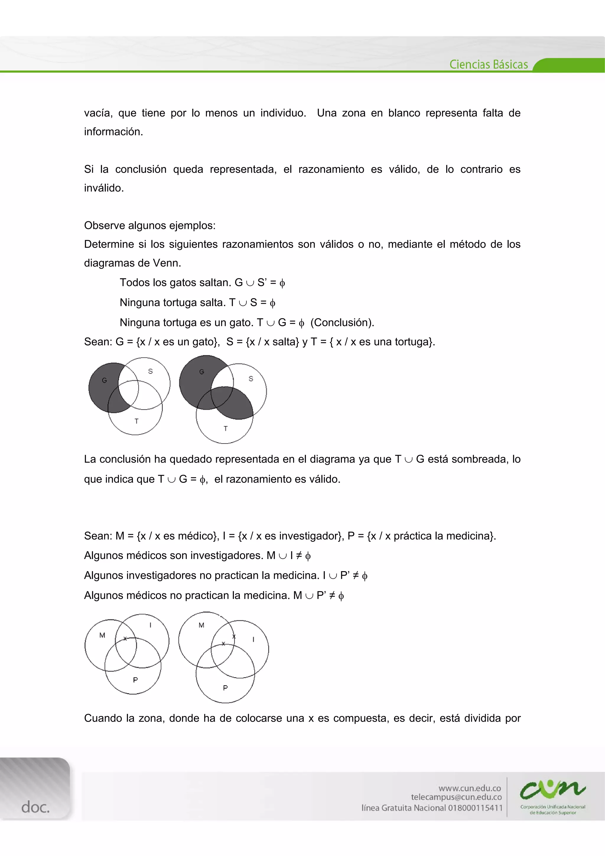  
[Escribir texto] 
 
vacía, que tiene por lo menos un individuo. Una zona en blanco representa falta de
información.
Si la conclusión queda representada, el razonamiento es válido, de lo contrario es
inválido.
Observe algunos ejemplos:
Determine si los siguientes razonamientos son válidos o no, mediante el método de los
diagramas de Venn.
Todos los gatos saltan. G  S’ = 
Ninguna tortuga salta. T  S = 
Ninguna tortuga es un gato. T  G =  (Conclusión).
Sean: G = {x / x es un gato}, S = {x / x salta} y T = { x / x es una tortuga}.
La conclusión ha quedado representada en el diagrama ya que T  G está sombreada, lo
que indica que T  G = , el razonamiento es válido.
Sean: M = {x / x es médico}, I = {x / x es investigador}, P = {x / x práctica la medicina}.
Algunos médicos son investigadores. M  I ≠ 
Algunos investigadores no practican la medicina. I  P’ ≠ 
Algunos médicos no practican la medicina. M  P’ ≠ 
Cuando la zona, donde ha de colocarse una x es compuesta, es decir, está dividida por
 