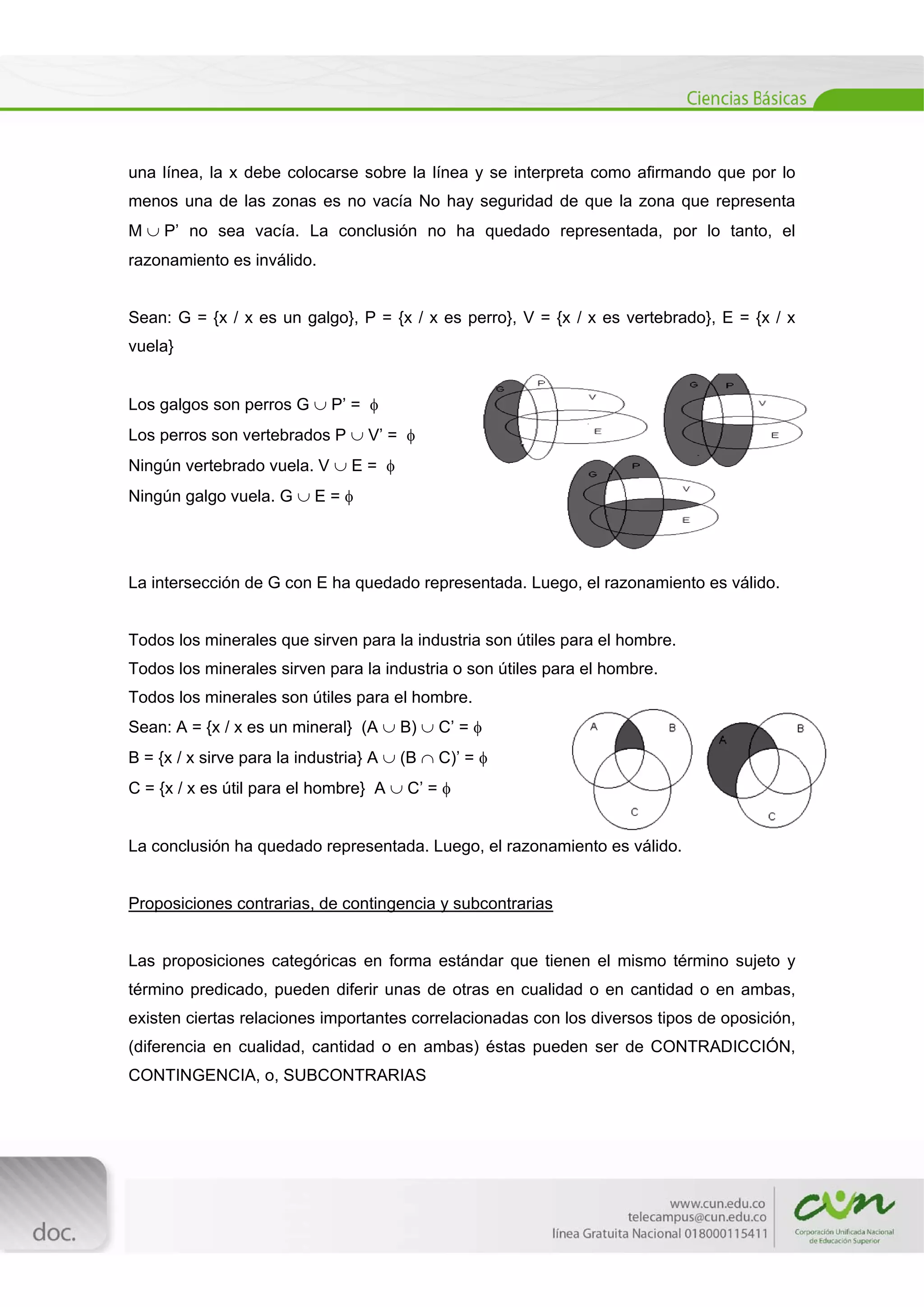  
[Escribir texto] 
 
una línea, la x debe colocarse sobre la línea y se interpreta como afirmando que por lo
menos una de las zonas es no vacía No hay seguridad de que la zona que representa
M  P’ no sea vacía. La conclusión no ha quedado representada, por lo tanto, el
razonamiento es inválido.
Sean: G = {x / x es un galgo}, P = {x / x es perro}, V = {x / x es vertebrado}, E = {x / x
vuela}
Los galgos son perros G  P’ = 
Los perros son vertebrados P  V’ = 
Ningún vertebrado vuela. V  E = 
Ningún galgo vuela. G  E = 
La intersección de G con E ha quedado representada. Luego, el razonamiento es válido.
Todos los minerales que sirven para la industria son útiles para el hombre.
Todos los minerales sirven para la industria o son útiles para el hombre.
Todos los minerales son útiles para el hombre.
Sean: A = {x / x es un mineral} (A  B)  C’ = 
B = {x / x sirve para la industria} A  (B  C)’ = 
C = {x / x es útil para el hombre} A  C’ = 
La conclusión ha quedado representada. Luego, el razonamiento es válido.
Proposiciones contrarias, de contingencia y subcontrarias
Las proposiciones categóricas en forma estándar que tienen el mismo término sujeto y
término predicado, pueden diferir unas de otras en cualidad o en cantidad o en ambas,
existen ciertas relaciones importantes correlacionadas con los diversos tipos de oposición,
(diferencia en cualidad, cantidad o en ambas) éstas pueden ser de CONTRADICCIÓN,
CONTINGENCIA, o, SUBCONTRARIAS
 