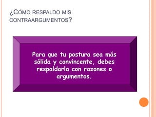 ¿CÓMO RESPALDO MIS 
CONTRAARGUMENTOS? 
Para que tu postura sea más 
sólida y convincente, debes 
respaldarla con razones o 
argumentos. 

