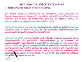 ARGUMENTOS LÓGICO RACIONALES
1. Razonamiento basado en datos y hechos.
En ambos casos la información es irrebatible, pues descansa en
hechos demostrables (sucesos) o en datos estadísticos (cifras). Esto no
significa que la tesis sea irrebatible, sólo que los datos o hechos en
que se sostiene su argumentación pueden serlo.
Ejemplo de hecho: La tesis la contaminación daña la salud puede ser
apoyada con el hecho de que en las ciudades contaminadas han
aumentado las enfermedades respiratorias.
Ejemplo de dato: La tesis existe una relación entre el aumento de la
concentración de partículas contaminantes y el número de
enfermedades respiratorias y muertes es apoyada con los siguientes
datos: Cada vez que la concentración de partículas aumenta en diez
microgramos por metro cúbico de aire, el número de muertes por
ataques cardíacos aumenta en un 1,4% y los casos de enfermedades
respiratorias, como la bronquitis, en un 3,4%. Los casos de ataques
de asma se elevan en un 3%.
 