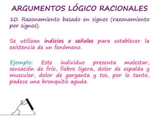 ARGUMENTOS LÓGICO RACIONALES
10. Razonamiento basado en signos (razonamiento
por signos).
Se utilizan indicios o señales para establecer la
existencia de un fenómeno.
Ejemplo: Este individuo presenta malestar,
sensación de frío, fiebre ligera, dolor de espalda y
muscular, dolor de garganta y tos, por lo tanto,
padece una bronquitis aguda.
 
