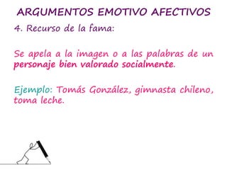 ARGUMENTOS EMOTIVO AFECTIVOS
4. Recurso de la fama:
Se apela a la imagen o a las palabras de un
personaje bien valorado socialmente.
Ejemplo: Tomás González, gimnasta chileno,
toma leche.
 