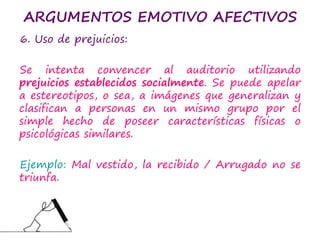 ARGUMENTOS EMOTIVO AFECTIVOS
6. Uso de prejuicios:
Se intenta convencer al auditorio utilizando
prejuicios establecidos socialmente. Se puede apelar
a estereotipos, o sea, a imágenes que generalizan y
clasifican a personas en un mismo grupo por el
simple hecho de poseer características físicas o
psicológicas similares.
Ejemplo: Mal vestido, la recibido / Arrugado no se
triunfa.
 