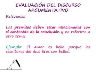 EVALUACIÓN DEL DISCURSO
ARGUMENTATIVO
Relevancia:
Las premisas deben estar relacionadas con
el contenido de la conclusión y no referirse a
otro tema.
Ejemplo: El amor es bello porque las
esculturas del dios Eros son bellas.
 