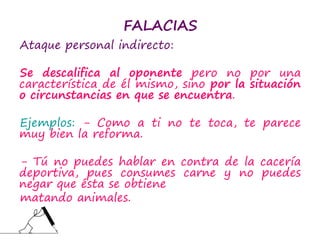 FALACIAS
Ataque personal indirecto:
Se descalifica al oponente pero no por una
característica de él mismo, sino por la situación
o circunstancias en que se encuentra.
Ejemplos: - Como a ti no te toca, te parece
muy bien la reforma.
- Tú no puedes hablar en contra de la cacería
deportiva, pues consumes carne y no puedes
negar que ésta se obtiene
matando animales.
 