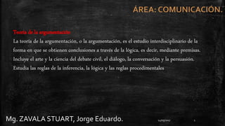 Mg. ZAVALA STUART, Jorge Eduardo. 14/09/2017 1
Teoría de la argumentación
La teoría de la argumentación, o la argumentación, es el estudio interdisciplinario de la
forma en que se obtienen conclusiones a través de la lógica, es decir, mediante premisas.
Incluye el arte y la ciencia del debate civil, el diálogo, la conversación y la persuasión.
Estudia las reglas de la inferencia, la lógica y las reglas procedimentales
 