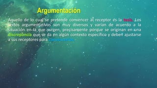 Argumentación
Aquello de lo cual se pretende convencer al receptor es la tesis. Los
textos argumentativos son muy diversos y varían de acuerdo a la
situación en la que surgen, precisamente porque se originan en una
discrepancia que se da en algún contexto específico y deben ajustarse
a sus receptores para convencerlos.
 
