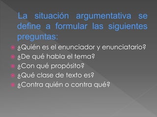 La situación argumentativa se 
define a formular las siguientes 
preguntas: 
 ¿Quién es el enunciador y enunciatario? 
 ¿De qué habla el tema? 
 ¿Con qué propósito? 
 ¿Qué clase de texto es? 
 ¿Contra quién o contra qué? 
 