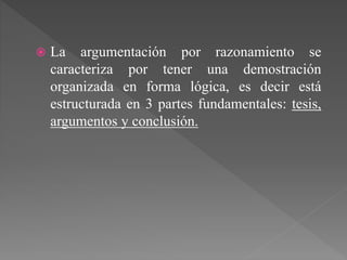  La argumentación por razonamiento se 
caracteriza por tener una demostración 
organizada en forma lógica, es decir está 
estructurada en 3 partes fundamentales: tesis, 
argumentos y conclusión. 
 