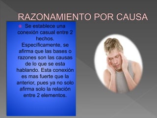  Se establece una 
conexión casual entre 2 
hechos. 
Específicamente, se 
afirma que las bases o 
razones son las causas 
de lo que se esta 
hablando. Esta conexión 
es mas fuerte que la 
anterior, pues ya no solo 
afirma solo la relación 
entre 2 elementos. 
 