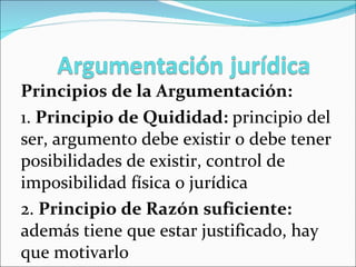 Principios de la Argumentación: 1.  Principio de Quididad:  principio del ser, argumento debe existir o debe tener posibilidades de existir, control de imposibilidad física o jurídica  2.  Principio de Razón suficiente:  además tiene que estar justificado, hay que motivarlo 