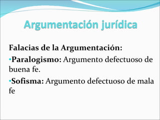 Falacias de la Argumentación: Paralogismo:  Argumento defectuoso de buena fe. Sofisma:  Argumento defectuoso de mala fe 
