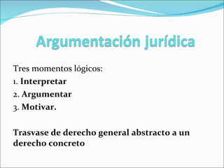 Tres momentos lógicos: 1.  Interpretar 2.  Argumentar 3.  Motivar. Trasvase de derecho general abstracto a un derecho concreto 