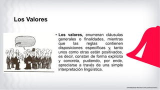 Los Valores
• Los valores, enumeran cláusulas
generales o finalidades, mientras
que las reglas contienen
disposiciones específicas y, tanto
unos como otras están positivados,
es decir, constan de forma explícita
y concreta, pudiendo, por ende,
apreciarse a través de una simple
interpretación lingüística.
 