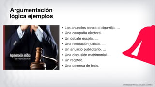 Argumentación
lógica ejemplos
• Los anuncios contra el cigarrillo. ...
• Una campaña electoral. ...
• Un debate escolar. ...
• Una resolución judicial. ...
• Un anuncio publicitario. ...
• Una discusión matrimonial. ...
• Un regateo. ...
• Una defensa de tesis.
 