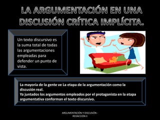 Un texto discursivo es
la suma total de todas
las argumentaciones
empleadas para
defender un punto de
vista.
ARGUMENTACIÓN Y DISCUSIÓN -
REDACCIÓN II
La mayoría de la gente ve La etapa de la argumentación como la
discusión real.
Ya juntados los argumentos empleados por el protagonista en la etapa
argumentativa conforman el texto discursivo.
 