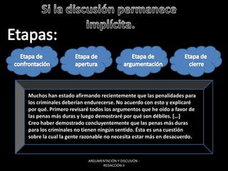 ARGUMENTACIÓN Y DISCUSIÓN -
REDACCIÓN II
Muchos han estado afirmando recientemente que las penalidades para
los criminales deberían endurecerse. No acuerdo con esto y explicaré
por qué. Primero revisaré todos los argumentos que he oído a favor de
las penas más duras y luego demostraré por qué son débiles. […]
Creo haber demostrado concluyentemente que las penas más duras
para los criminales no tienen ningún sentido. Ésta es una cuestión
sobre la cual la gente razonable no necesita estar más en desacuerdo.
 