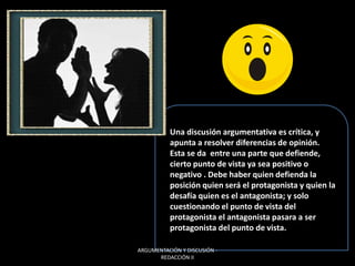 Una discusión argumentativa es crítica, y
apunta a resolver diferencias de opinión.
Esta se da entre una parte que defiende,
cierto punto de vista ya sea positivo o
negativo . Debe haber quien defienda la
posición quien será el protagonista y quien la
desafía quien es el antagonista; y solo
cuestionando el punto de vista del
protagonista el antagonista pasara a ser
protagonista del punto de vista.
ARGUMENTACIÓN Y DISCUSIÓN -
REDACCIÓN II
 