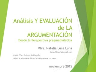 Análisis Y EVALUACIÓN
de LA
ARGUMENTACIÓN
Desde la Perspectiva pragmadialética
Mtra. Natalia Luna Luna
lunas.filosofía@gmail.com
UNAM, FFyL, Colegio de Filosofía
UACM, Academia de Filosofía e Historia de las Ideas
noviembre 2015
 