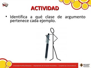 ACTIVIDADACTIVIDAD
• Identifica a qué clase de argumento
pertenece cada ejemplo.
 