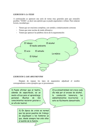 EJERCICIO 1: LA TESIS

  A continuación os aparecen una serie de temas muy generales para que enunciéis
  posibles “TESIS”, es decir una opinión que se puede argumentar o refutar. Para redactar
  la tesis, recordad que :

     -   Tienen que ser oraciones completas, con sentido y sintácticamente correctas
     -   Tienen que estar escritas de modo afirmativo
     -   Tienen que aparecer las palabras claves de la argumentación




                El tabaco               El alcohol
                      El medio ambiente

                El ocio       El estudio
                                                    La música
                       El fútbol




  EJERCICIO 2: LOS ARGUMENTOS

         Después de repasar los tipos de argumentos              adjudicad   el   nombre
  correspondiente a estos ejemplos que os presentamos:


1) Puedo afirmar que el teatro,                      2) La siniestralidad vial crece cada
además de espectáculo, es un                         día más por el exceso de alcohol,
medio eficaz para el aprendizaje                     la conducción temeraria, los
personal.    Muchos    de    mis                     adelantamientos incorrectos        y
conocimientos nacieron gracias a                     esto es fácilmente demostrable.
mi afición teatral.


         3) En época de crisis es normal
         que los pocos puestos de trabajo
         se adjudiquen a los hombres ya
         que, desde siempre han sido ellos
         el sostén de la familia.
 