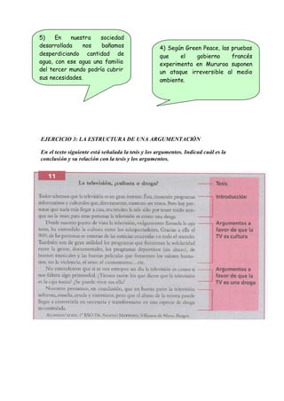5)    En    nuestra  sociedad
desarrollada    nos   bañamos                       4) Según Green Peace, las pruebas
desperdiciando cantidad de                          que    el    gobierno     francés
agua, con ese agua una familia                      experimenta en Mururoa suponen
del tercer mundo podría cubrir                      un ataque irreversible al medio
sus necesidades.                                    ambiente.




EJERCICIO 3: LA ESTRUCTURA DE UNA ARGUMENTACIÓN

En el texto siguiente está señalada la tesis y los argumentos. Indicad cuál es la
conclusión y su relación con la tesis y los argumentos.
 