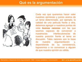 Elementos y situaciones de la argumentación NM3 Lengua castellana y comunicación
Qué es la argumentación
Cada vez que quer...