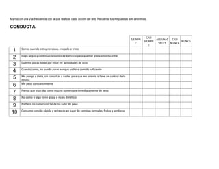 Marca con una ✓la frecuencia con la que realizas cada acción del test. Recuerda tus respuestas son anónimas.
CONDUCTA
SIEMPR
E
CASI
SIEMPR
E
ALGUNAS
VECES
CASI
NUNCA
NUNCA
1 Como, cuando estoy nervioso, enojado o triste
2 Hago largas y continuas sesiones de ejercicio para quemar grasa o tonificarme
3 Duermo pocas horas por estar en actividades de ocio
4 Cuando como, no puedo parar aunque ya haya comido suficiente
5 Me pongo a dieta, sin consultar a nadie, para que me oriente o lleve un control de la
misma
6 Me peso constantemente
7 Pienso que si un día como mucho aumentare inmediatamente de peso
8 No como si algo tiene grasa o no es dietético
9 Prefiero no comer con tal de no subir de peso
10 Consumo comida rápida y refrescos en lugar de comidas formales, frutas y verduras
 