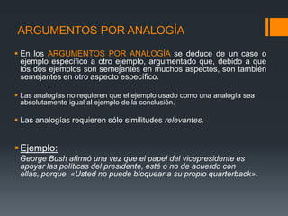 ARGUMENTOS POR ANALOGÍAEn los ARGUMENTOS POR ANALOGÍA se deduce de un caso o ejemplo específico a otro ejemplo, argumentado que, debido a que los dos ejemplos son semejantes en muchos aspectos, son también semejantes en otro aspecto específico.Las analogías no requieren que el ejemplo usado como una analogía sea absolutamente igual al ejemplo de la conclusión.Las analogías requieren sólo similitudes relevantes.Ejemplo:George Bush afirmó una vez que el papel del vicepresidente es apoyar las políticas del presidente, esté o no de acuerdo con ellas, porque  «Usted no puede bloquear a su propio quarterback».