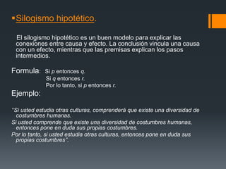 Silogismo hipotético.   El silogismo hipotético es un buen modelo para explicar las conexiones entre causa y efecto. La conclusión vincula una causa con un efecto, mientras que las premisas explican los pasos intermedios. Formula:Si p entonces q.                      Si q entonces r.                       Por lo tanto, si p entonces r.Ejemplo:‘’Si usted estudia otras culturas, comprenderá que existe una diversidad de costumbres humanas.Si usted comprende que existe una diversidad de costumbres humanas, entonces pone en duda sus propias costumbres.Por lo tanto, si usted estudia otras culturas, entonces pone en duda sus propias costumbres’’.  