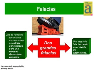Falacias  Una de nuestras tentaciones mas comunes es  extraer conclusiones de una muestra demasiado pequeña. Una segunda falacia  común es el olvido de alternativas. Dos  grandes  falacias 