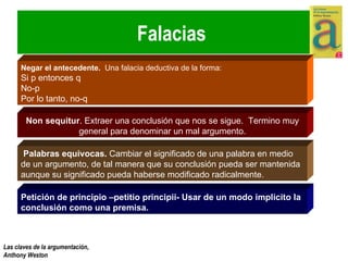 Falacias  Negar el antecedente.   Una falacia deductiva de la forma: Si p entonces q No-p Por lo tanto, no-q Non sequitur .  Extraer una conclusión que nos se sigue.  Termino muy general para denominar un mal argumento. Palabras equivocas.  Cambiar el significado de una palabra en medio de un argumento, de tal manera que su conclusión pueda ser mantenida aunque su significado pueda haberse modificado radicalmente. Petición de principio –petitio principii- Usar de un modo implicito la conclusión como una premisa. 