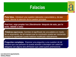 Falacias  Pista falsa.   Introducir una cuestion relevante o secundaria y, de ese modo, desviar la atención de la cuestion principal. Post hoc, ergo propter hoc (literalmente: después de esto, por lo tanto, debido a esto) Palabras equivocas.  Cambiar el significado de una palabra en medio de un argumento, de tal manera que su conclusión pueda ser mantenida aunque su significado pueda haberse modificado radicalmente. Preguntas complejas.   Exponer una pregunta o una cuestion de tal manera que una persona no pueda acordar o discrepar con usted sin obligarse con alguna otra afrmacion que usted quiere promocionar. 