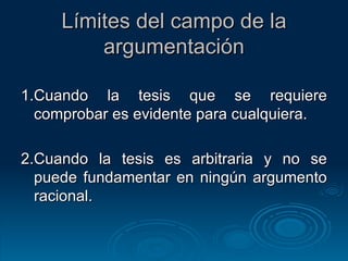 Límites del campo de la argumentación 1.Cuando la tesis que se requiere comprobar es evidente para cualquiera. 2.Cuando la tesis es arbitraria y no se puede fundamentar en ningún argumento racional. 