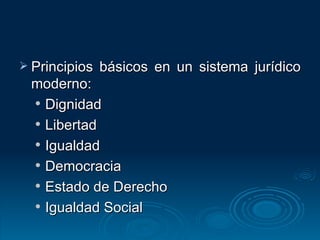 Principios básicos en un sistema jurídico moderno: Dignidad Libertad Igualdad Democracia Estado de Derecho Igualdad Social 