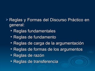 Reglas y Formas del Discurso Práctico en general:  Reglas fundamentales  Reglas de fundamento  Reglas de carga de la argumentación  Reglas de formas de los argumentos  Reglas de razón  Reglas de transferencia   