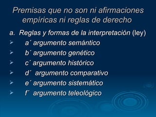 Premisas que no son ni afirmaciones empíricas ni reglas de derecho   a.  Reglas y formas de la interpretación  (ley) a´ argumento semántico b´ argumento genético c´ argumento histórico d´  argumento comparativo e´ argumento sistemático f´  argumento teleológico  