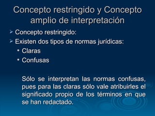 Concepto restringido y Concepto amplio de interpretación Concepto restringido: Existen dos tipos de normas jurídicas: Claras Confusas Sólo se interpretan las normas confusas, pues para las claras sólo vale atribuirles el significado propio de los términos en que se han redactado. 
