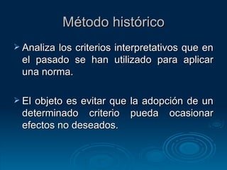 Método histórico Analiza los criterios interpretativos que en el pasado se han utilizado para aplicar una norma. El objeto es evitar que la adopción de un determinado criterio pueda ocasionar efectos no deseados. 