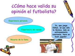 ¿Cómo hace valida su opinión el futbolista? Yo, que juego fútbol, sé que sólo la técnica, más un entrenamiento constante, hace un buen jugador. Experiencia personal . Experiencia del equipo. Recurso de la fama . 